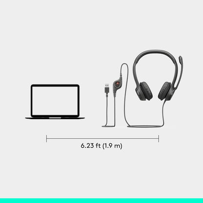 Logitech H390 Wired Headset for PC/Laptop, Stereo Headphones with Noise Cancelling Microphone, USB-A, In-Line Controls, Works with Chromebook - Black